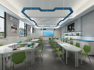 Modern School Classroom With Green Chairs White Tables Projector And Learning Space 3d model