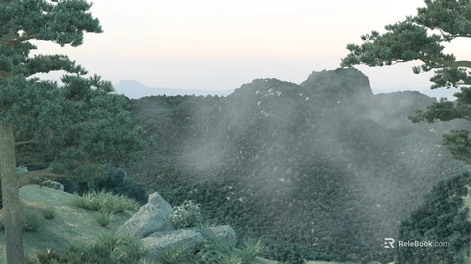 Scenic Mountain Landscape With Pine Trees Misty Peaks Rocks And Lush Greenery Under Pale Sky 3d model 