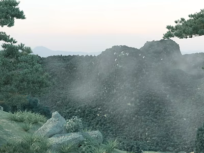 Scenic Mountain Landscape With Pine Trees Misty Peaks Rocks And Lush Greenery Under Pale Sky 3d model