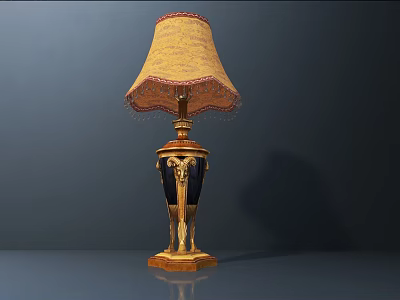 Classical Style Table Lamp With Golden Sculpted Base And Yellow Fringed Lampshade 3d model