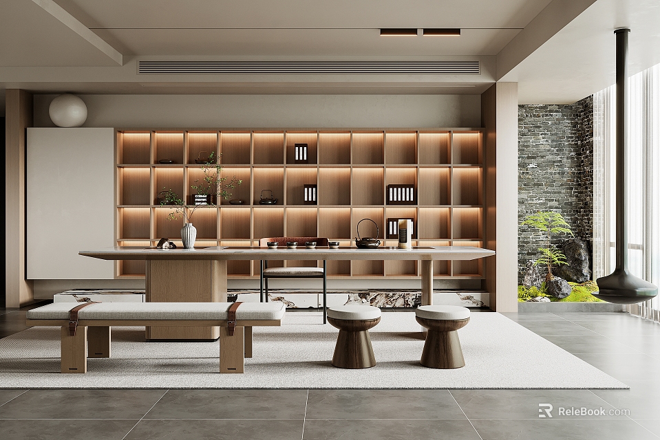 Modern Tea Room Interior With Lit Wooden Shelves Long Table Bench And Stone Wall 3d model 