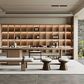 Modern Tea Room Interior With Lit Wooden Shelves Long Table Bench And Stone Wall