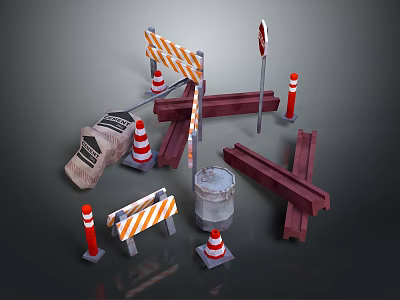 Road Construction Scene Components With Traffic Cones Barriers Sandbag Metal Rails And Stop Sign 3d model