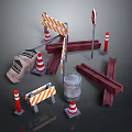 Road Construction Scene Components With Traffic Cones Barriers Sandbag Metal Rails And Stop Sign