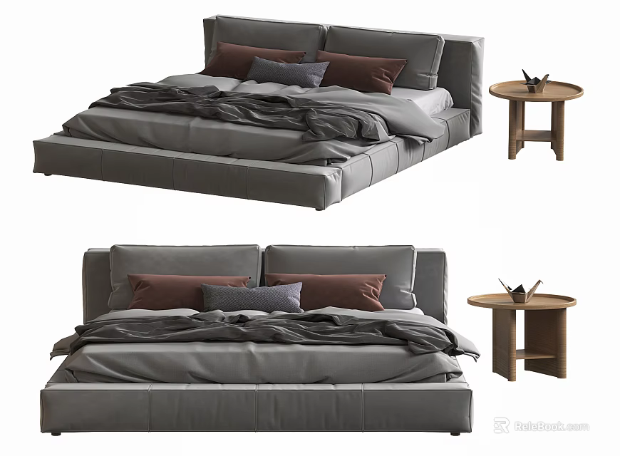 Sleek Gray Upholstered Double Bed With Brown And Gray Pillows And Side Table 3d model