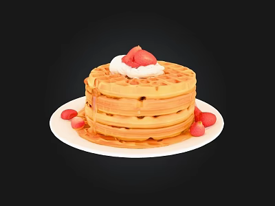 Delicious Stacked Waffles Topped With Fresh Strawberries And Whipped Cream On White Plate 3d model
