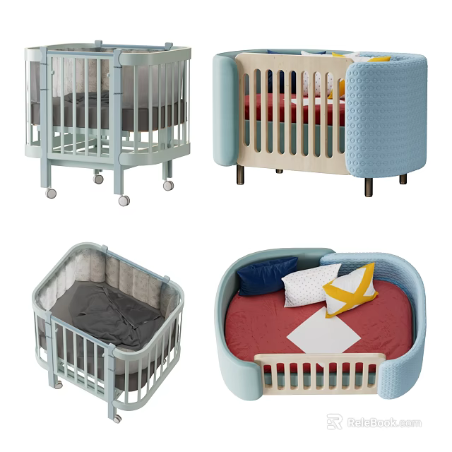 Modern Baby Cribs With Light Blue Design Gray Red Mattresses Padded Edges And Wheels 3d model 