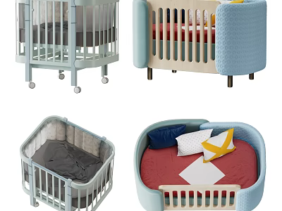 Modern Baby Cribs With Light Blue Design Gray Red Mattresses Padded Edges And Wheels 3d model