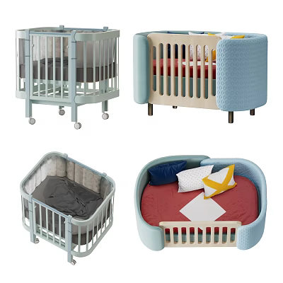 Modern Baby Cribs With Light Blue Design Gray Red Mattresses Padded Edges And Wheels 3d model