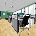 Public Office Space With Open Layout Workstations Office Chairs Computers Green Plants And Large Windows 3d model