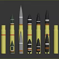 Display Shelves with Bullets of Various Sizes and Colors Yellow Green Gray Black