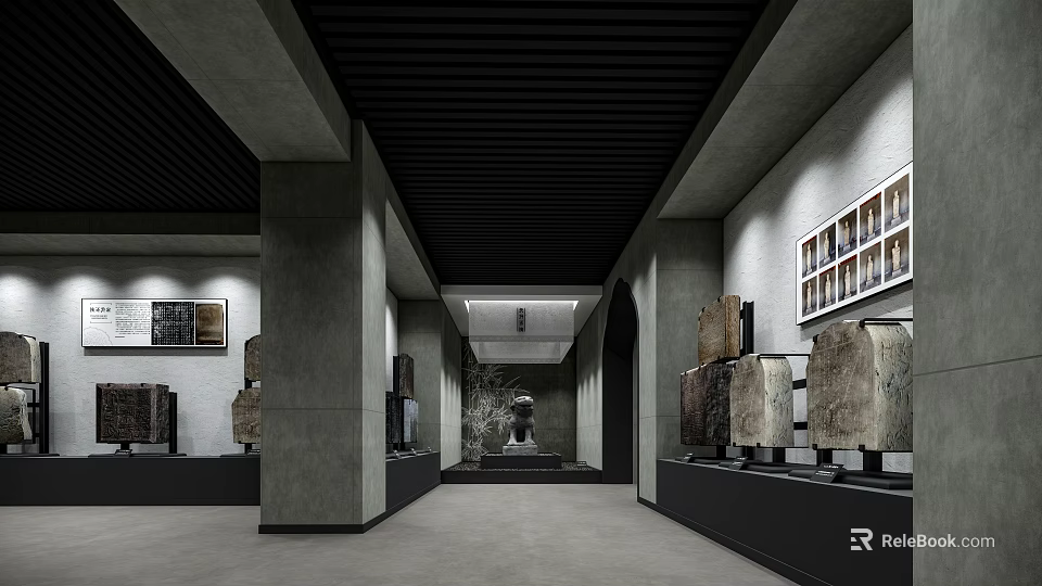Cultural Center Interior Design With Gray Walls Black Ceiling Stone Artifacts And Wall Art 3d model 