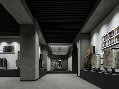 Cultural Center Interior Design With Gray Walls Black Ceiling Stone Artifacts And Wall Art 3d model