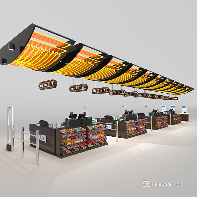 Retail Checkout Counters With Multiple Registers Yellow Light Fixtures And Colorful Product Displays 3d model 