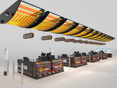 Retail Checkout Counters With Multiple Registers Yellow Light Fixtures And Colorful Product Displays 3d model
