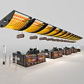 Retail Checkout Counters With Multiple Registers Yellow Light Fixtures And Colorful Product Displays