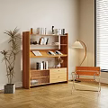 Modern Wooden Bookcase with Books Decorations Floor Lamp and Indoor Plant in Room Corner
