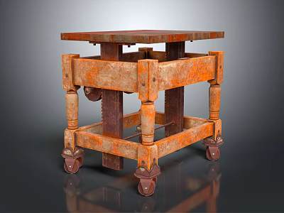 Vintage Rustic Wooden Desk With Rolling Wheels And Distressed Storage Frame For Home Office 3d model