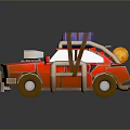 Red Car With Roof Luggage And Barrels And Front Bumper In 3D Cartoon Style