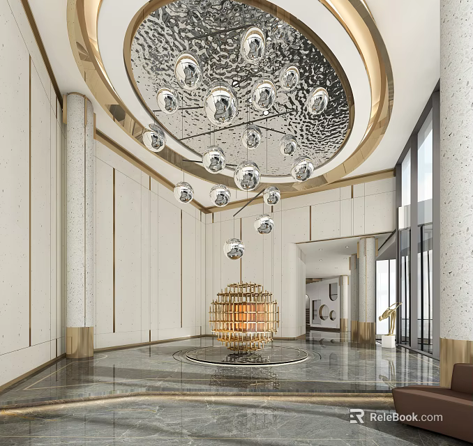 Luxurious Hotel Lobby Interior With Crystal Chandelier Marble Floor And Gold Accents 3d model 