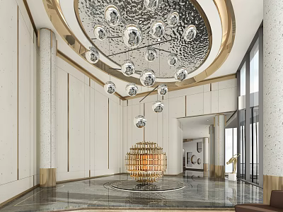 Luxurious Hotel Lobby Interior With Crystal Chandelier Marble Floor And Gold Accents 3d model