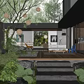 Modern Garden With Wooden Deck Water Feature Sofa Area Green Plants And Hanging Lanterns