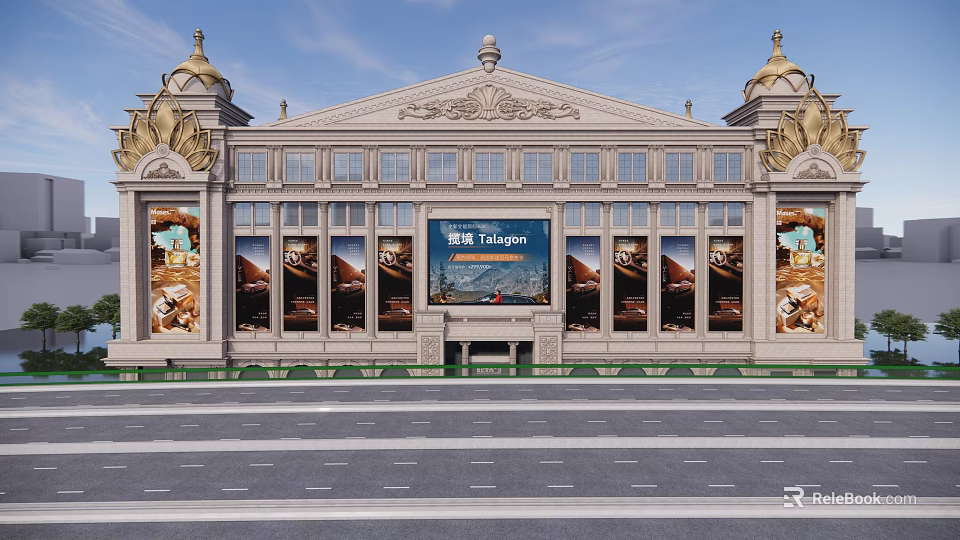 Opulent Classical Commercial Complex With Golden Embellishments Symmetrical Facade And Large Billboard 3d model 