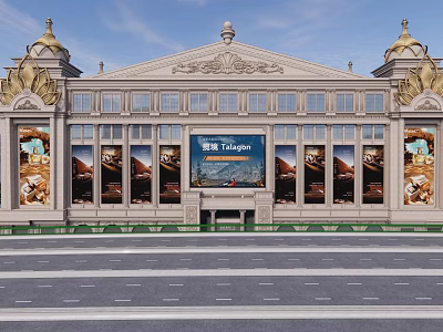 Opulent Classical Commercial Complex With Golden Embellishments Symmetrical Facade And Large Billboard 3d model