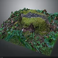Natural Wooden Stump Covered with Moss and Surrounded by Green Leaves and Fallen Leaves