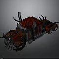 Red And Black Truck With Sharp Horns And Mechanical Body Design Features