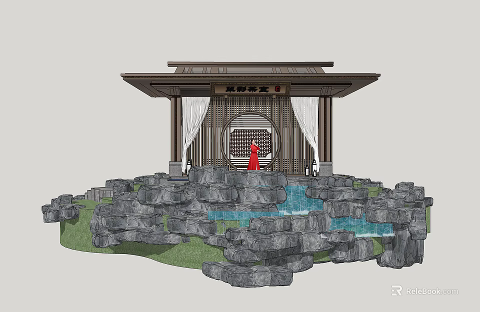 Traditional Chinese Pavilion Scene with Stone Rocks Water Stream and Red Clothed Person 3d model 