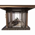 Traditional Chinese Landscape Pavilion Design with Wooden Lattice and Interior Tables Chairs