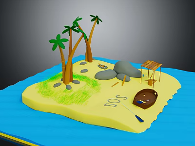 Cartoon Island Scene With Palm Trees Rocks Hut Boat And SOS Sign On Sand 3d model