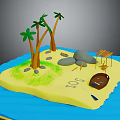 Cartoon Island Scene With Palm Trees Rocks Hut Boat And SOS Sign On Sand