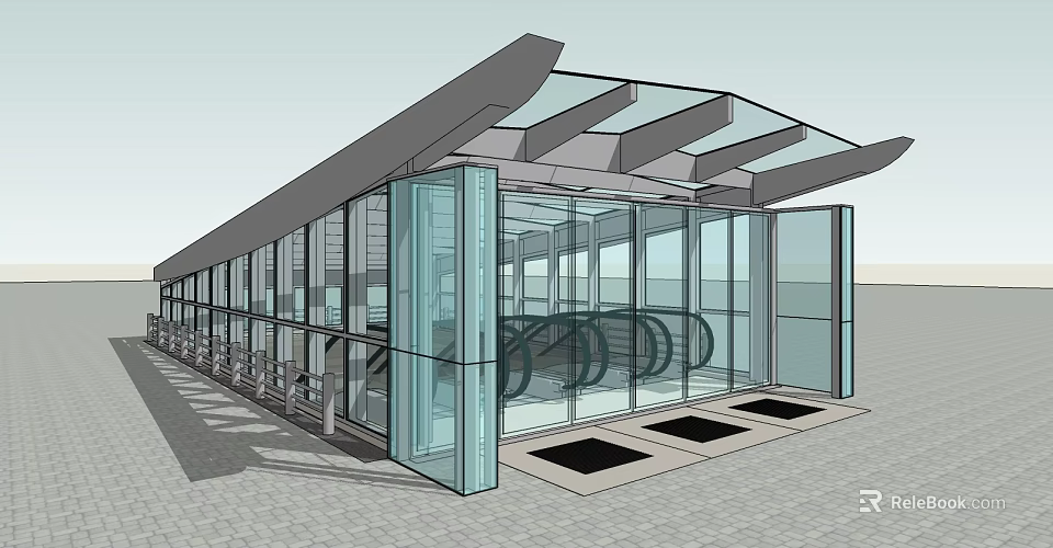 Modern Station Design With Glass Facade Canopy Roof And Entrance Platform 3d model 