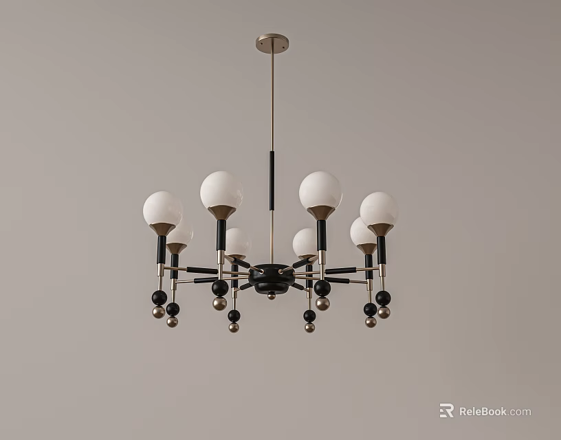 Modern Chandelier With Multiple White Spherical Shades Black Metal Frame And Small Black Ball Accents 3d model 