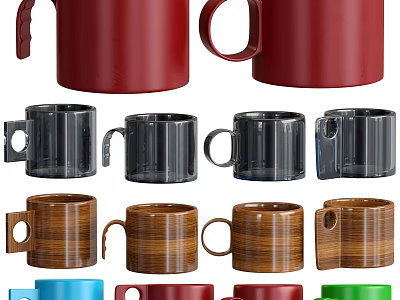 Colorful Assorted Mugs With Red Transparent Wooden Blue And Green Handle Designs 3d model