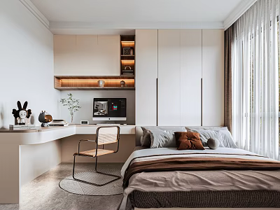 Tatami Bedroom Interior With Built in Desk Bookshelf Window Curtains Modern Decor And Warm Lighting 3d model