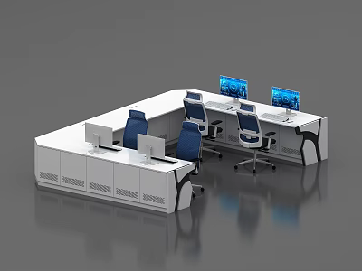 Modern Control Room Interior Setup With Console Desk Multiple Monitors And Ergonomic Chairs 3d model