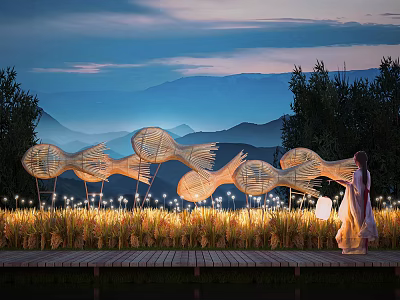 Illuminated Outdoor Lights In Rice Field With Fish Shaped Structures And Wooden Pathway At Dusk 3d model