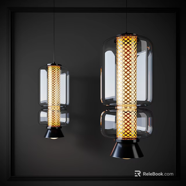 Modern Transparent Glass Pendant Lights With Yellow Grid Pattern And Black Base 3d model 