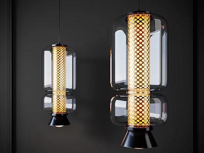 Modern Transparent Glass Pendant Lights With Yellow Grid Pattern And Black Base 3d model