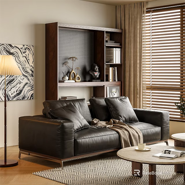 Modern Leather Sofa and Coffee Table Set with Bookshelf Blinds Floor Lamp and Decorative Pillows 3d model 