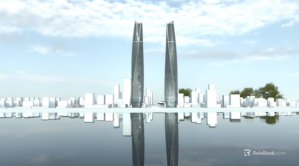 Modern Twin Office Towers With Reflection In Urban City Skyline 3d model 