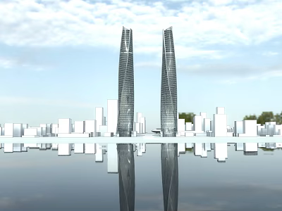 Modern Twin Office Towers With Reflection In Urban City Skyline 3d model