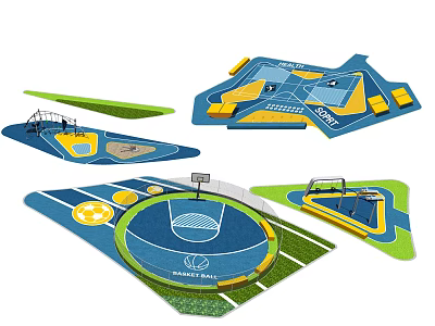 Colorful Modular Sports Court Designs with Basketball Hoops Various Shapes and Blue Green Yellow Surfaces 3d model