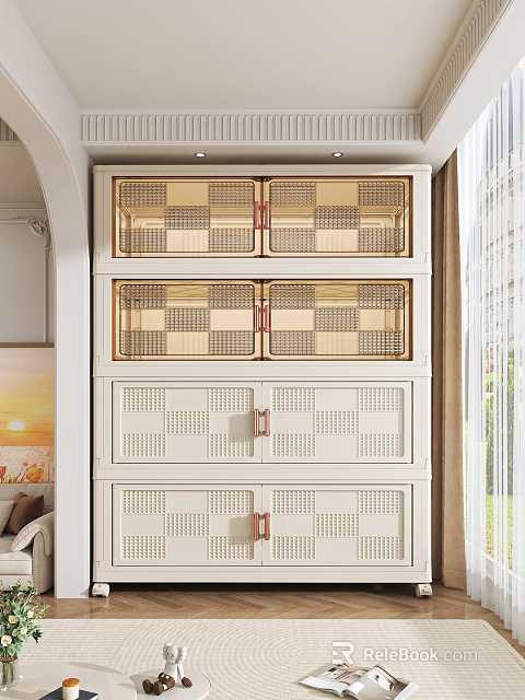 White Multi Layer Storage Cabinet With Grid Woven Doors And Metal Handles 3d model