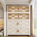 White Multi Layer Storage Cabinet With Grid Woven Doors And Metal Handles 3d model