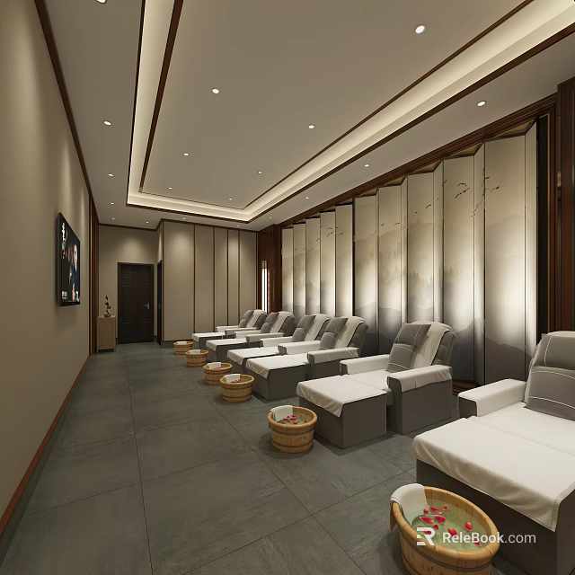 SPA Sauna Room Interior With Comfortable Loungers Wooden Buckets And Wooden Walls 3d model 