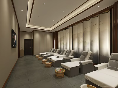 SPA Sauna Room Interior With Comfortable Loungers Wooden Buckets And Wooden Walls 3d model